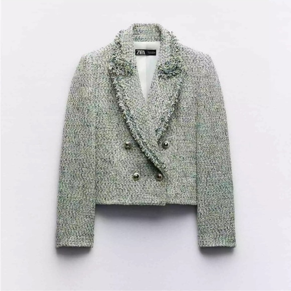 Zara DOUBLE BREASTED FRAYED CROPPED BLAZER - Picture 1 of 4